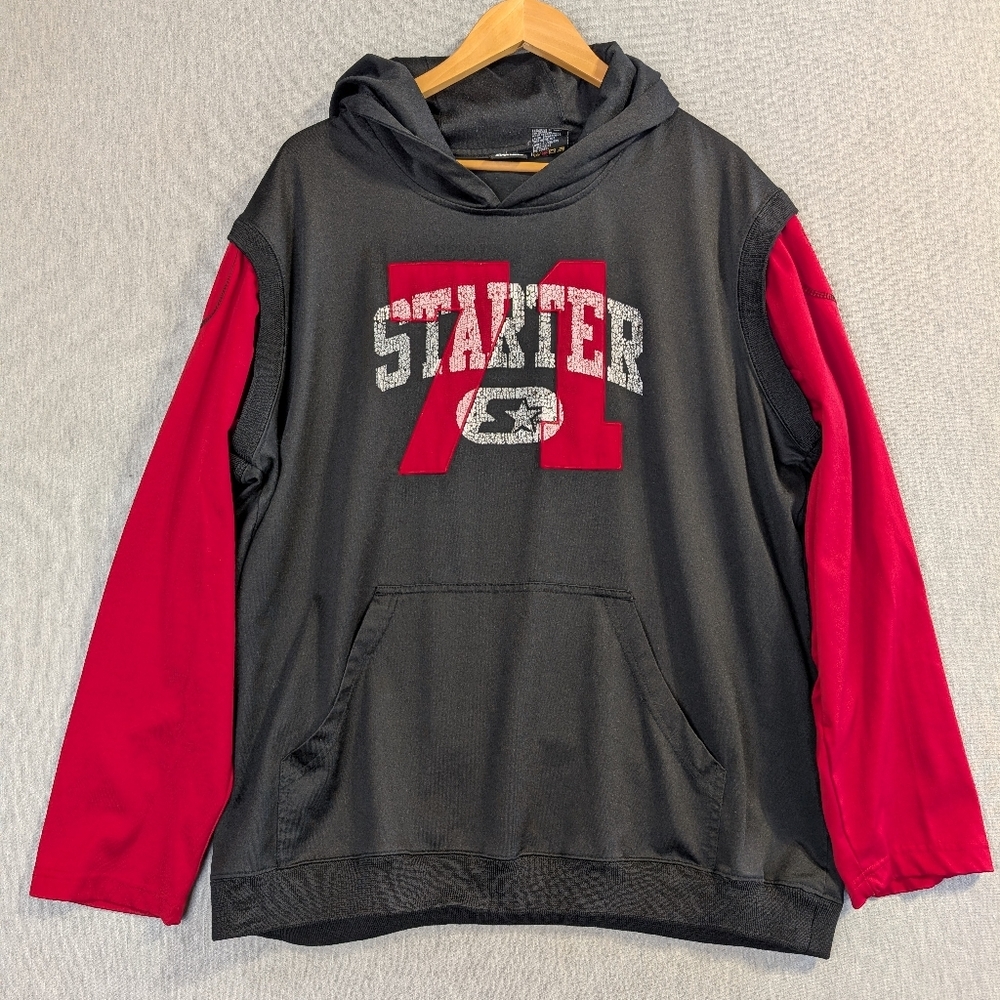 Starter 71 Hoodie Men's XL Black Red Long Sleeve Faded Graphic Front